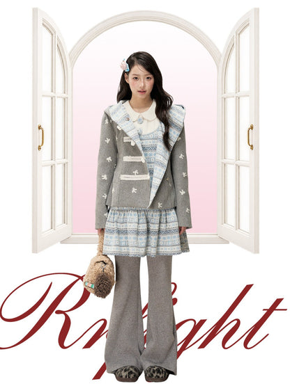 [RF] Heather Gray Vintage Jacquard Hooded Jacket with Frost Mist Blue Details