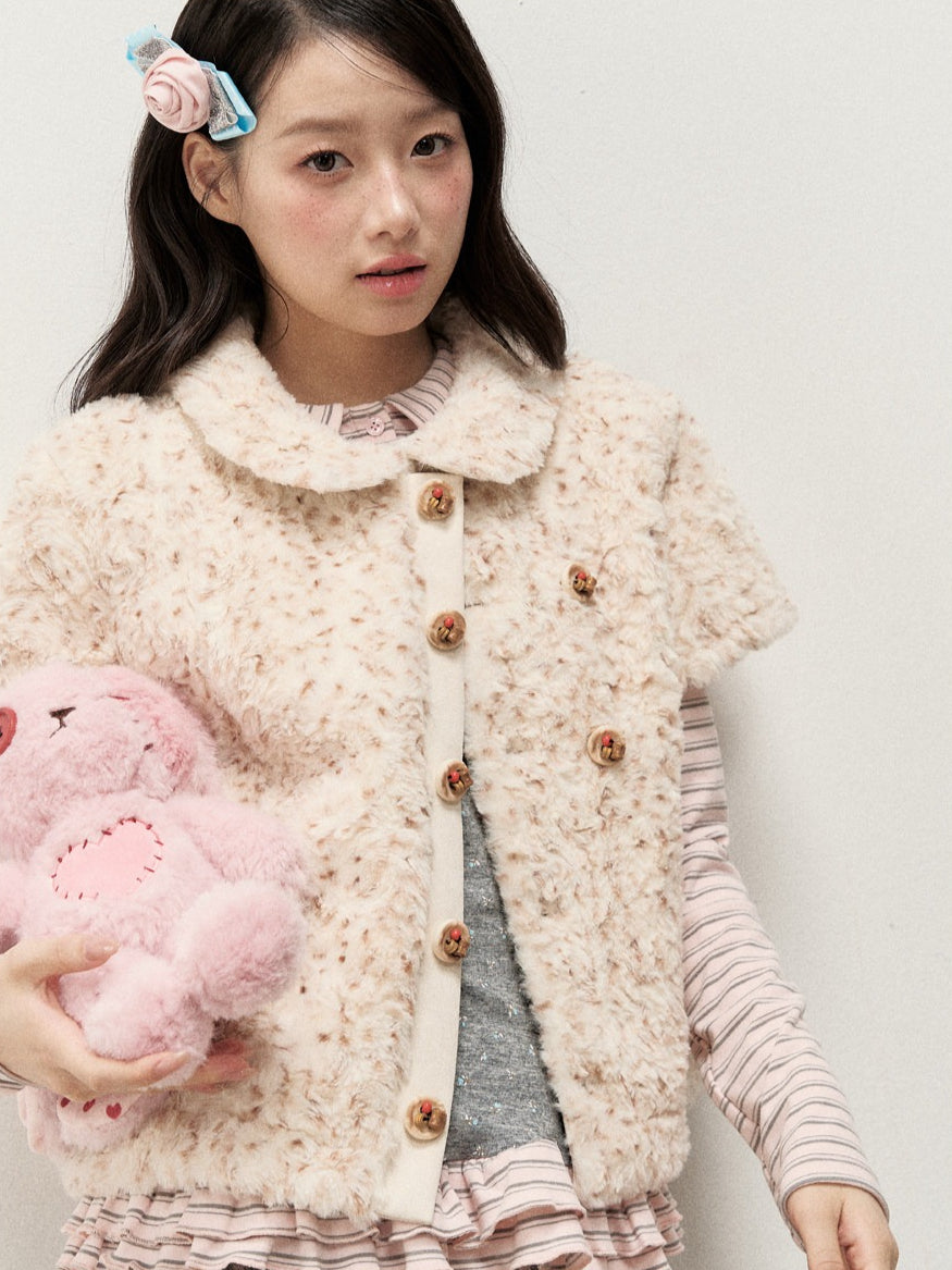 [RF] Cream Beige & Chestnut Speckle Plush Short-Sleeve Vest Jacket with Peter Pan Collar