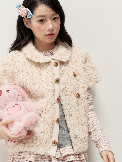 [RF] Cream Beige & Chestnut Speckle Plush Short-Sleeve Vest Jacket with Peter Pan Collar