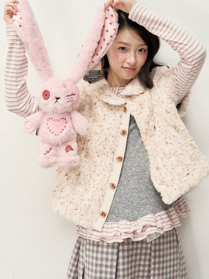 [RF] Cream Beige & Chestnut Speckle Plush Short-Sleeve Vest Jacket with Peter Pan Collar