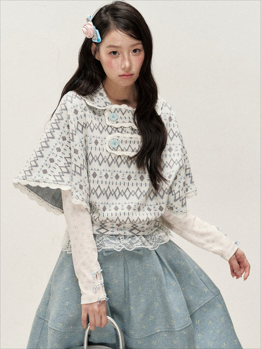 [RF] Mist Gray Argyle Jacquard Cropped Poncho-Style Pullover with Lace Trim