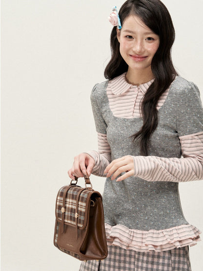 [RF] Floral Gray Pink Faux Two-Piece Striped Layered Blouse with Peter Pan Collar