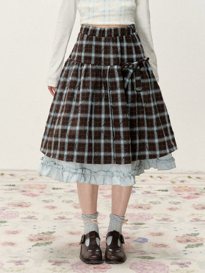 [RF] Blue & Brown Plaid Midi Skirt with Floral Buttons & Ruffle Trim