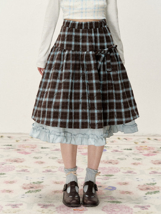 [RF] Blue & Brown Plaid Midi Skirt with Floral Buttons & Ruffle Trim