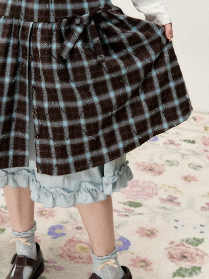 [RF] Blue & Brown Plaid Midi Skirt with Floral Buttons & Ruffle Trim