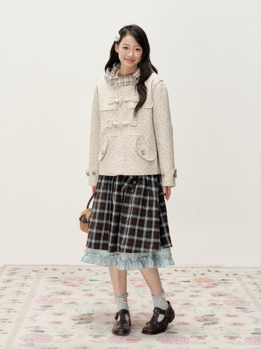 [RF] Blue & Brown Plaid Midi Skirt with Floral Buttons & Ruffle Trim