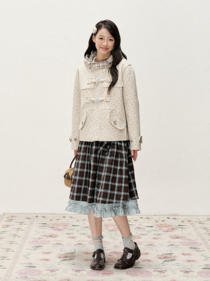 [RF] Blue & Brown Plaid Midi Skirt with Floral Buttons & Ruffle Trim