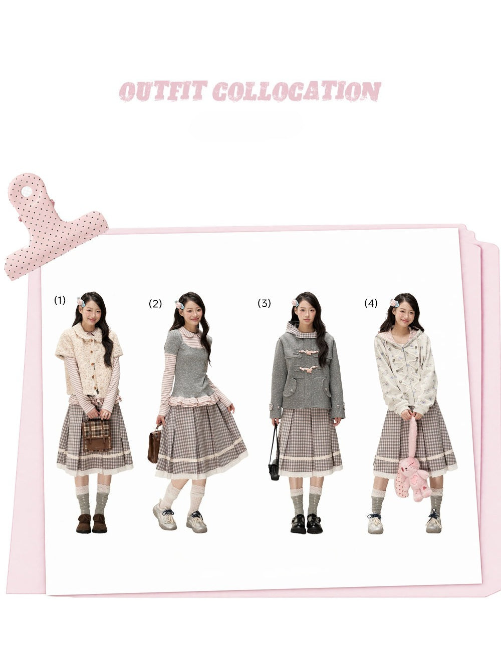 [RF] Gray & Pink Plaid A-Line Midi Skirt with Lace Trim