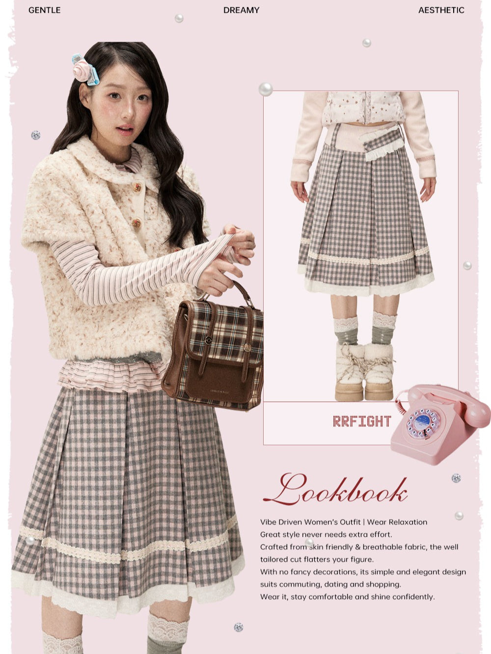 [RF] Gray & Pink Plaid A-Line Midi Skirt with Lace Trim