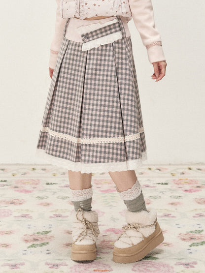 [RF] Gray & Pink Plaid A-Line Midi Skirt with Lace Trim