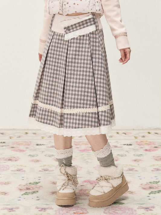 [RF] Gray & Pink Plaid A-Line Midi Skirt with Lace Trim