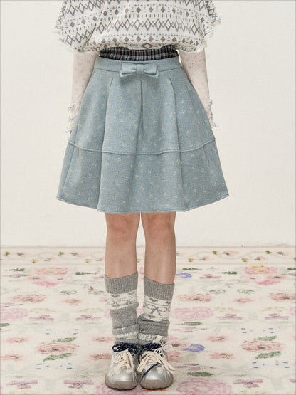 [RF] Frost Mist Blue Floral Jacquard A-Line Midi Skirt with Plaid Waistband