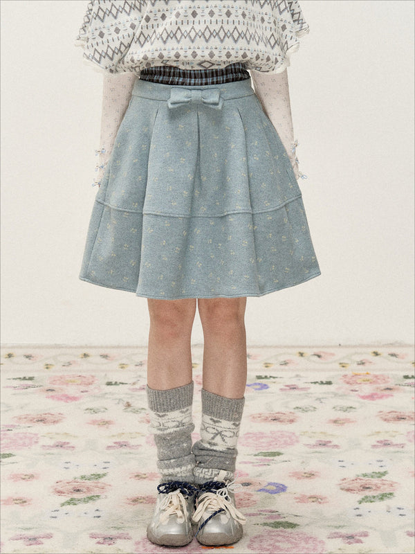 [RF] Frost Mist Blue Floral Jacquard A-Line Midi Skirt with Plaid Waistband