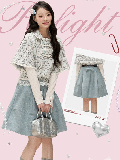 [RF] Frost Mist Blue Floral Jacquard A-Line Midi Skirt with Plaid Waistband