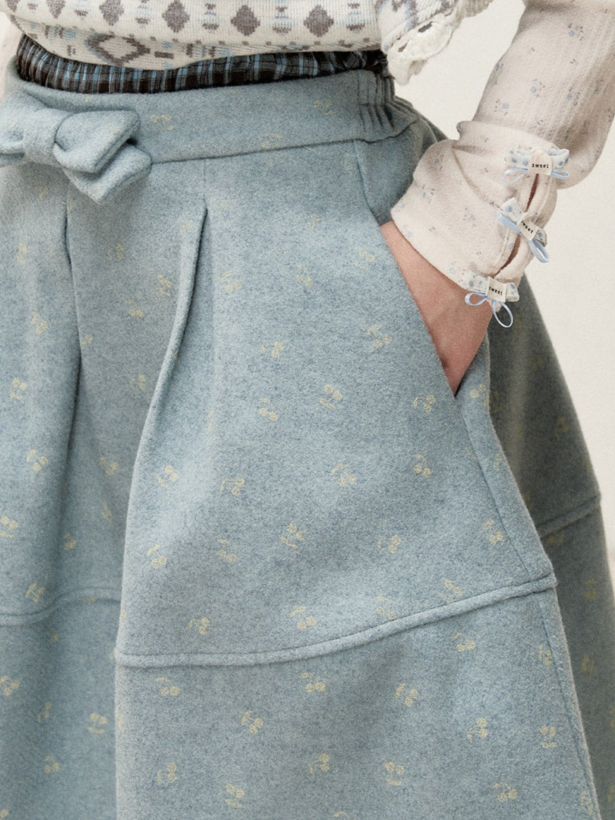 [RF] Frost Mist Blue Floral Jacquard A-Line Midi Skirt with Plaid Waistband