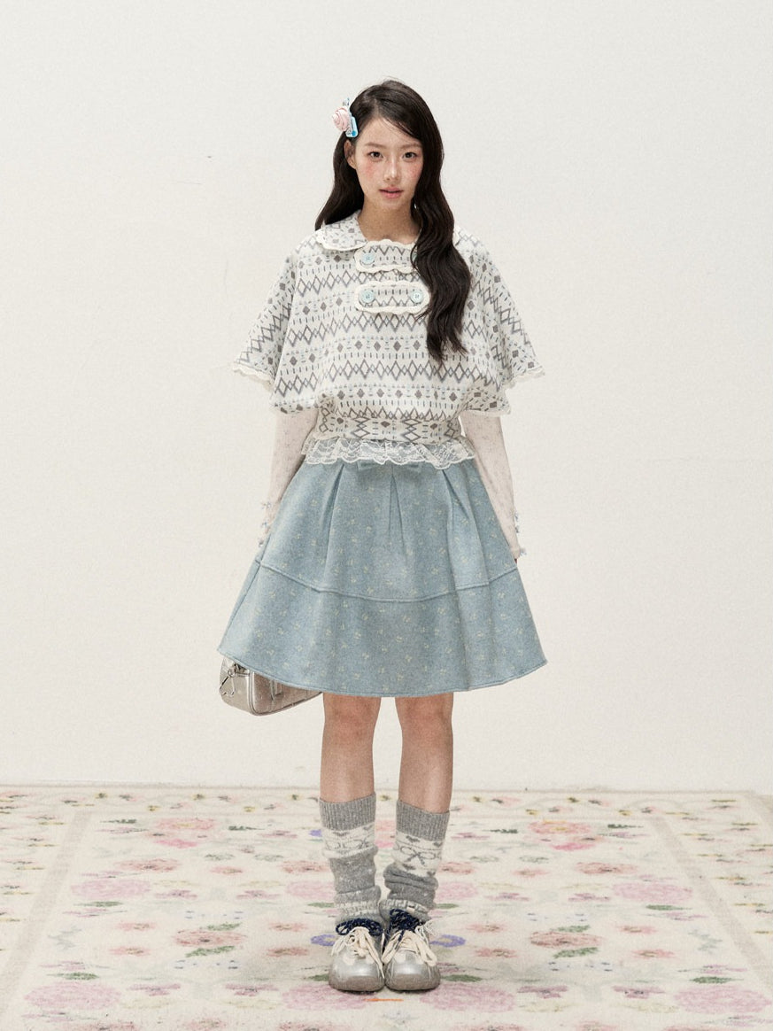 [RF] Frost Mist Blue Floral Jacquard A-Line Midi Skirt with Plaid Waistband