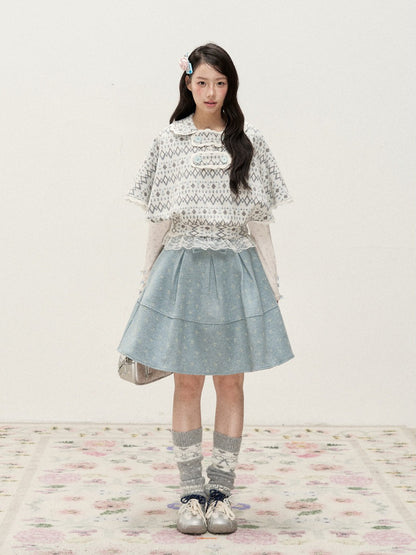 [RF] Frost Mist Blue Floral Jacquard A-Line Midi Skirt with Plaid Waistband