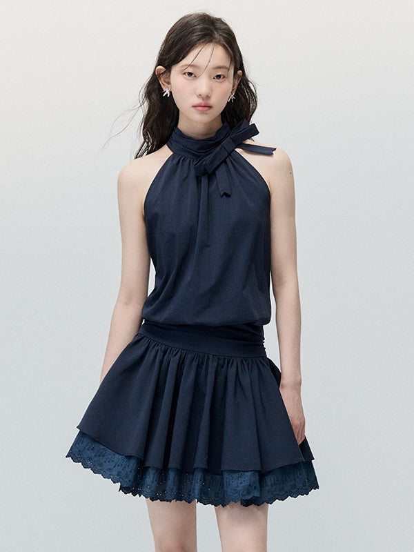 Navy Blue Bow-Tie Halter Dress with Double-Layer Lace Hem