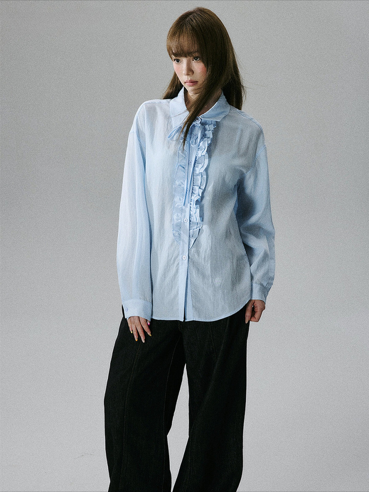 LOST FOREST - Water Blue Asymmetrical Lyocell Tie-Strap Blouse with Ruffle Trim