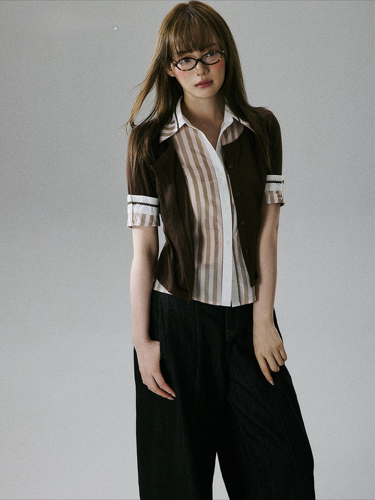 LOST FOREST - Brown & Pink Faux-Layered Lyocell Wool Top