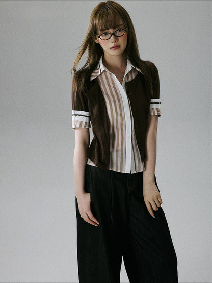 LOST FOREST - Brown & Pink Faux-Layered Lyocell Wool Top