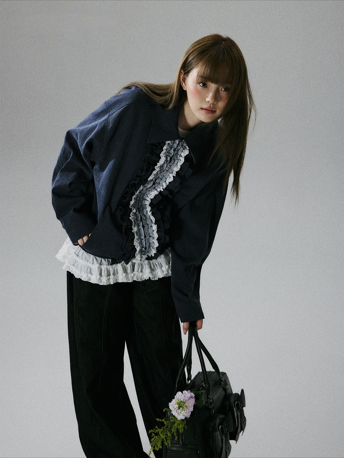 LOST FOREST - Navy Ruffle-Trim Cotton Jacket