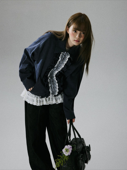 LOST FOREST - Navy Ruffle-Trim Cotton Jacket