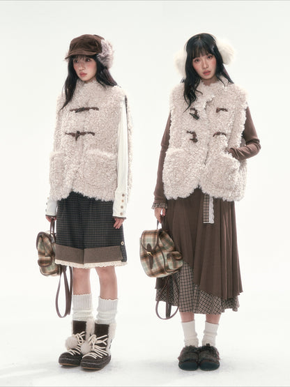 CAN - "The Velvet Alcove" Light Coffee Brown Reversible Plaid Shearling Vest