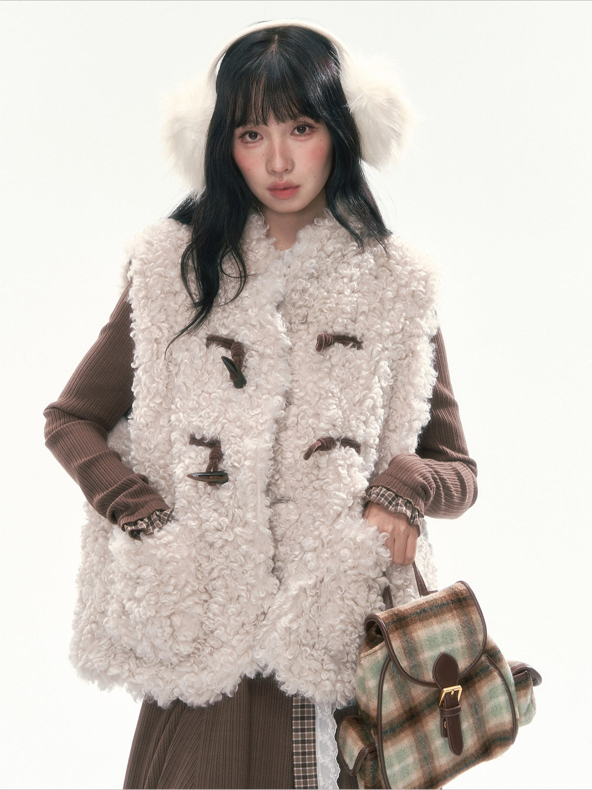 CAN - "The Velvet Alcove" Light Coffee Brown Reversible Plaid Shearling Vest