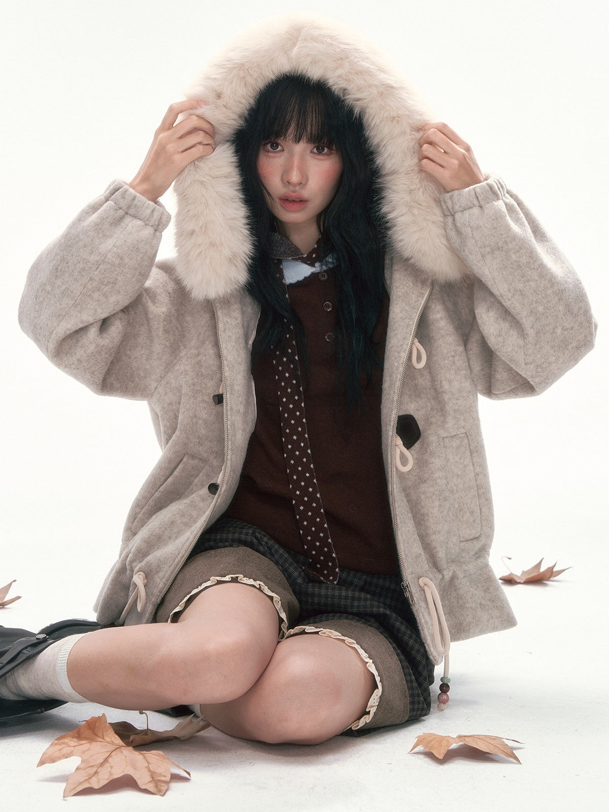 CAN - "Frosted Cloud Reverie" Beige Gray Detachable Faux-Fur Collar Wool-Blend Jacket
