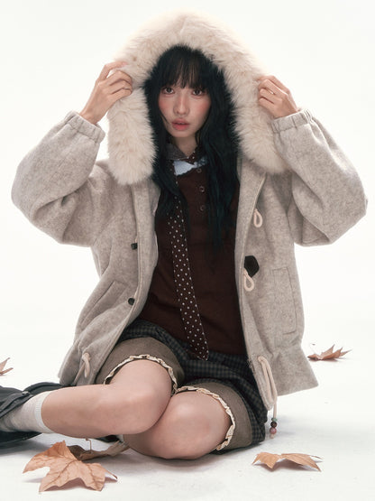 CAN - "Frosted Cloud Reverie" Beige Gray Detachable Faux-Fur Collar Wool-Blend Jacket