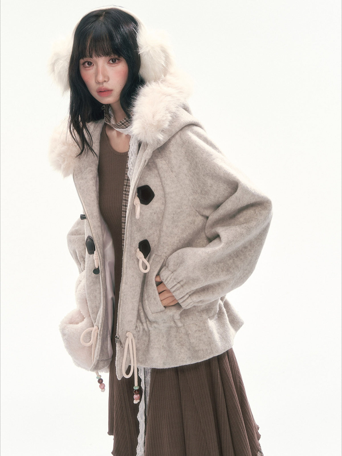 CAN - "Frosted Cloud Reverie" Beige Gray Detachable Faux-Fur Collar Wool-Blend Jacket