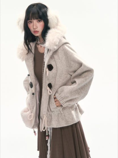 CAN - "Frosted Cloud Reverie" Beige Gray Detachable Faux-Fur Collar Wool-Blend Jacket