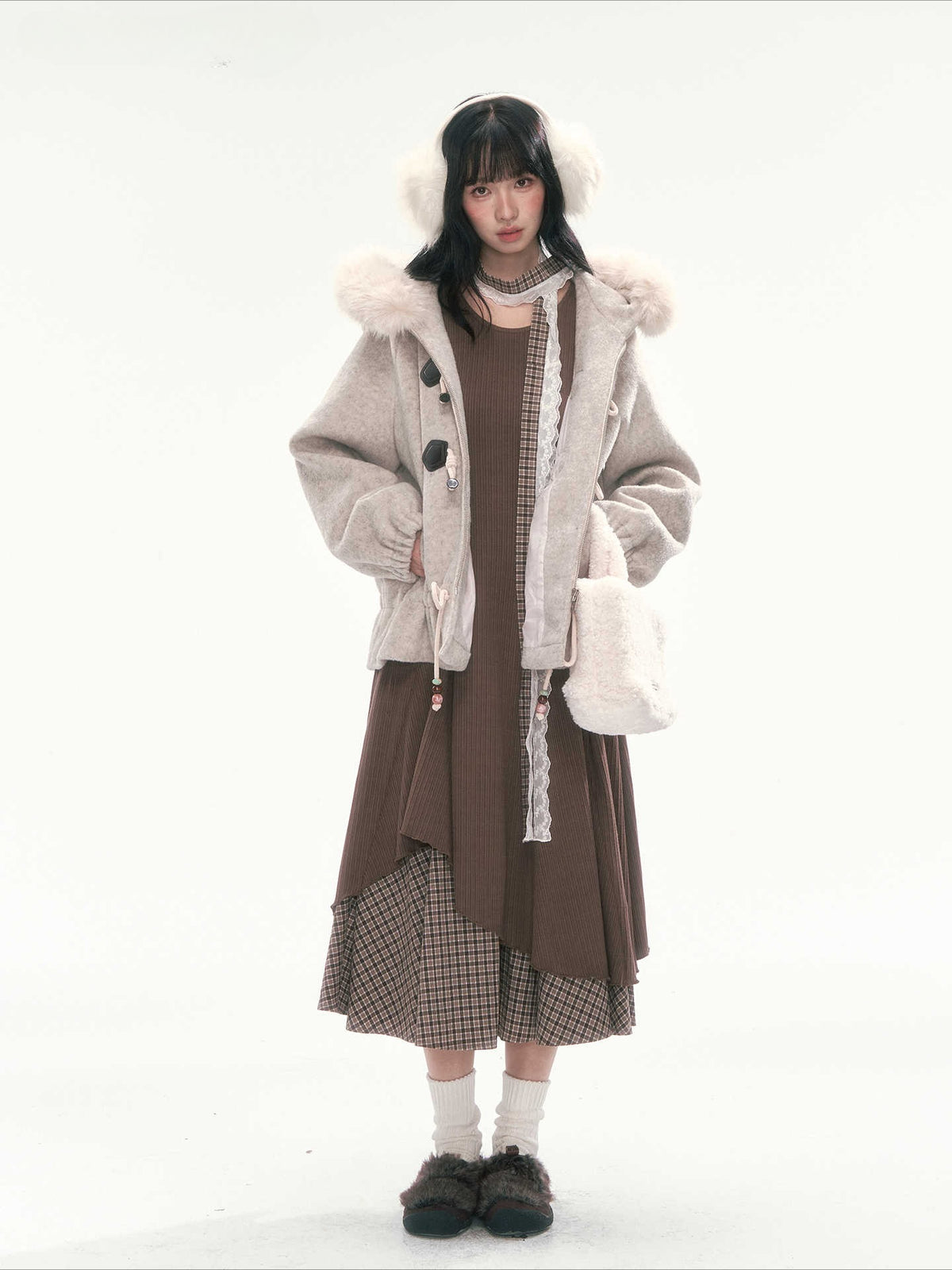 CAN - "Frosted Cloud Reverie" Beige Gray Detachable Faux-Fur Collar Wool-Blend Jacket