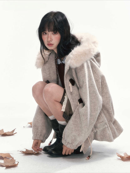 CAN - "Frosted Cloud Reverie" Beige Gray Detachable Faux-Fur Collar Wool-Blend Jacket