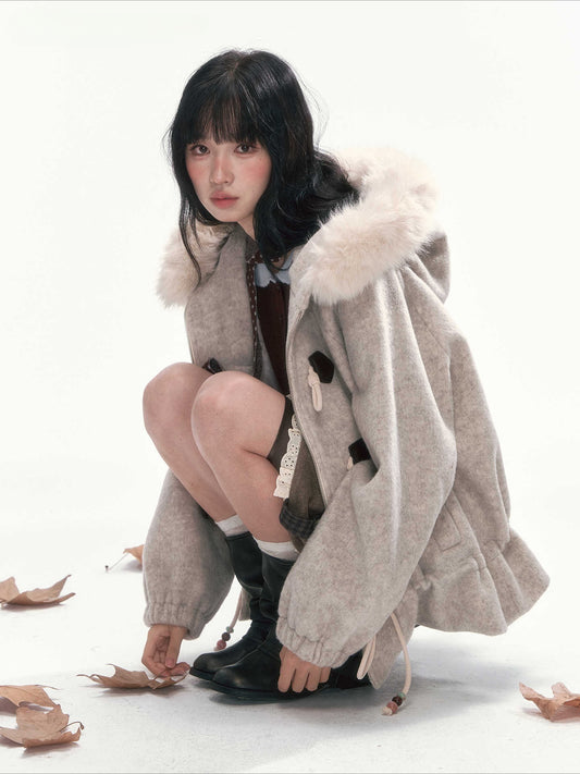 CAN - "Frosted Cloud Reverie" Beige Gray Detachable Faux-Fur Collar Wool-Blend Jacket