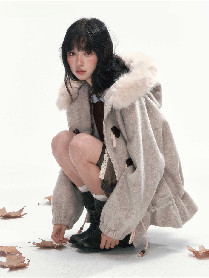 CAN - "Frosted Cloud Reverie" Beige Gray Detachable Faux-Fur Collar Wool-Blend Jacket