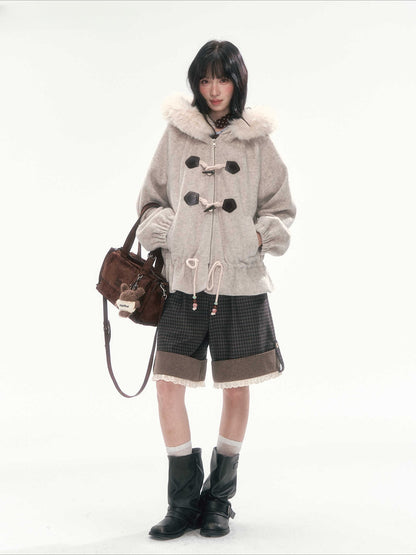 CAN - "Frosted Cloud Reverie" Beige Gray Detachable Faux-Fur Collar Wool-Blend Jacket