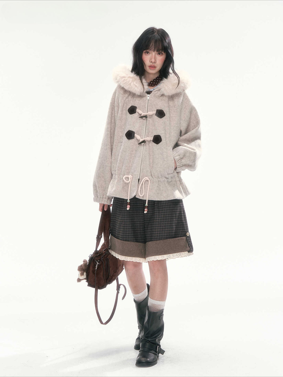 CAN - "Frosted Cloud Reverie" Beige Gray Detachable Faux-Fur Collar Wool-Blend Jacket