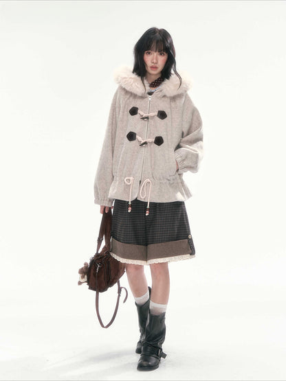 CAN - "Frosted Cloud Reverie" Beige Gray Detachable Faux-Fur Collar Wool-Blend Jacket