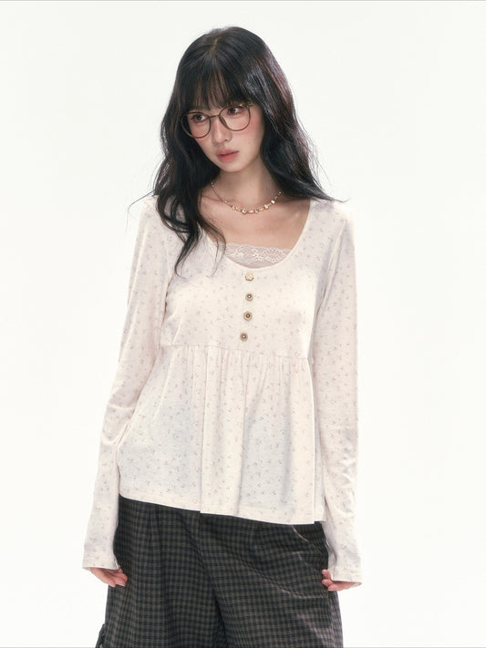 CAN - "A Meadow of Dreams" Apricot Beige Floral Lace-Trim Ruched Top