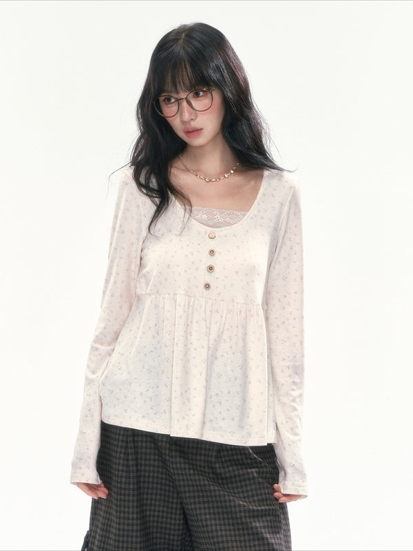 CAN - "A Meadow of Dreams" Apricot Beige Floral Lace-Trim Ruched Top