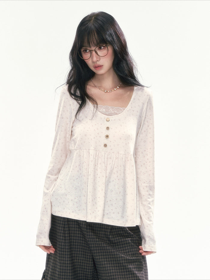 CAN - "A Meadow of Dreams" Apricot Beige Floral Lace-Trim Ruched Top