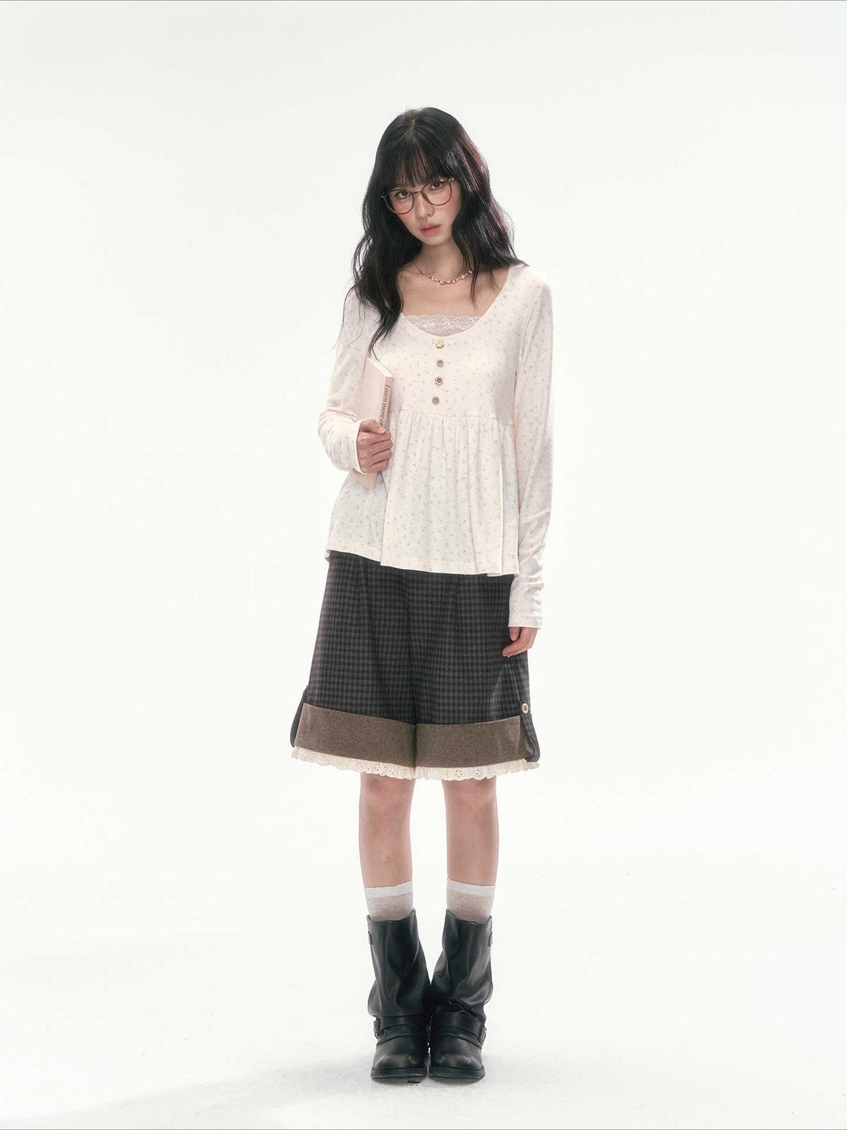 CAN - "A Meadow of Dreams" Apricot Beige Floral Lace-Trim Ruched Top