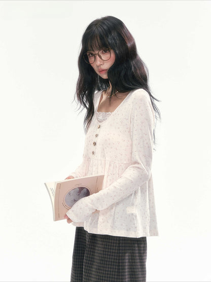 CAN - "A Meadow of Dreams" Apricot Beige Floral Lace-Trim Ruched Top