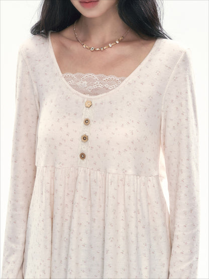 CAN - "A Meadow of Dreams" Apricot Beige Floral Lace-Trim Ruched Top