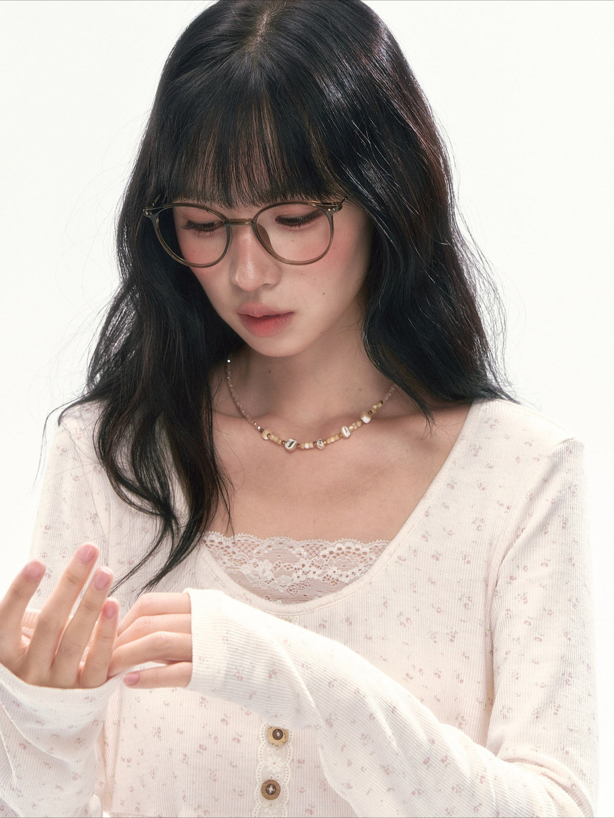 CAN - "A Meadow of Dreams" Apricot Beige Floral Lace-Trim Ruched Top