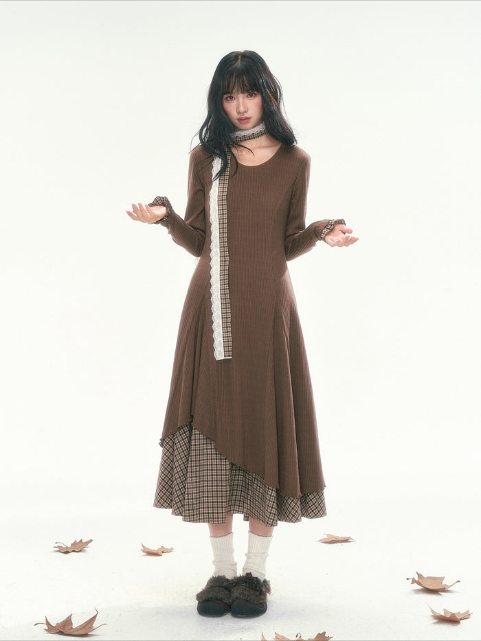 CAN - "Brownie Winterfield" Brown Plaid-Trim Ruched Knit Midi Dress