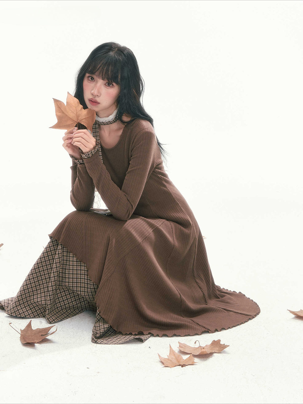 CAN - "Brownie Winterfield" Brown Plaid-Trim Ruched Knit Midi Dress