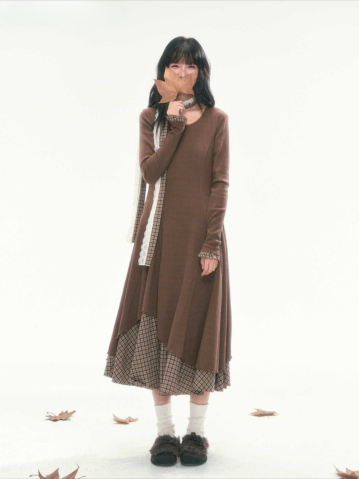 CAN - "Brownie Winterfield" Brown Plaid-Trim Ruched Knit Midi Dress